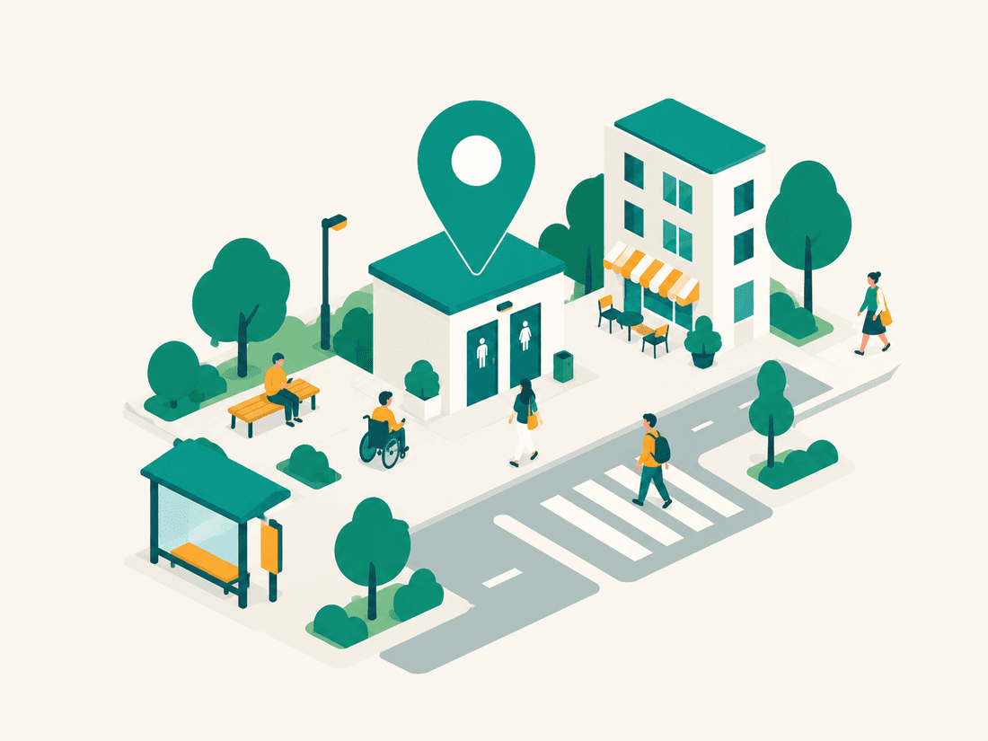 Isometrische Illustration einer Straße mit einem öffentlichen WC, markiert durch einen großen Teal-Kartenpin
